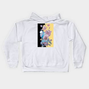 Blue Budgie and Rose Watercolor Painting on Yellow and Black Kids Hoodie